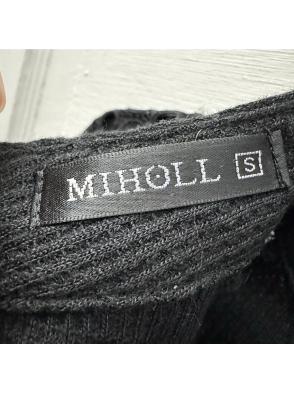 Miholl Black Waffle Knit Top Womens S Lace Sleeve Mock Neck Long Sleeve Casual - Picture 5 of 8